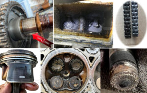 Symptoms: Chain stretch, soot in intake, camshaft wear, piston rings stuck, burned valve, soot on injector